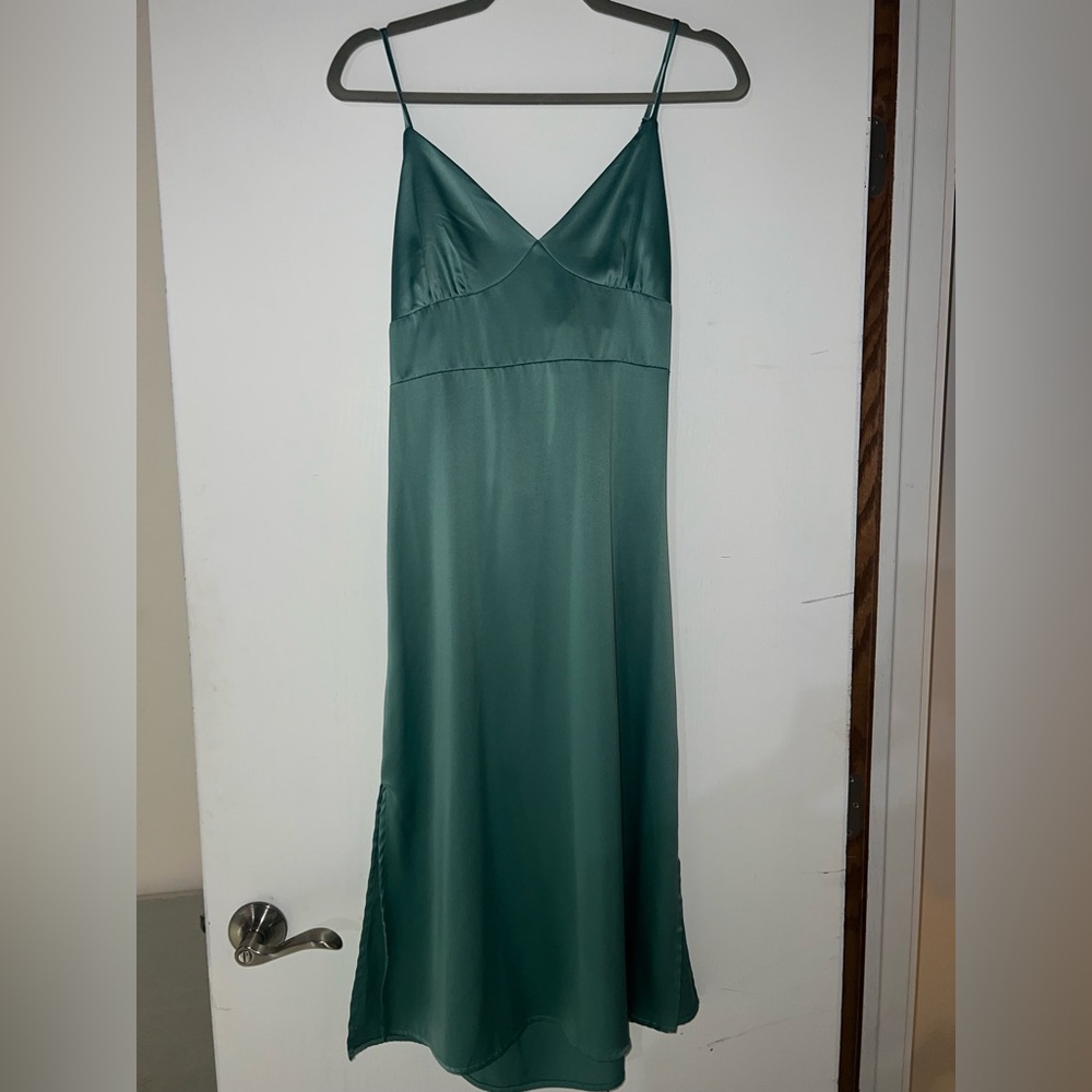 Pink Rose Teal Satin Midi Dress - Size L, fits like a M